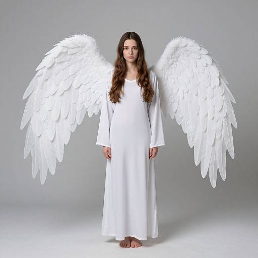 Photograph of a barefoot woman with long brown hair, white angel wings, and a white robe, standing against a plain gray background.