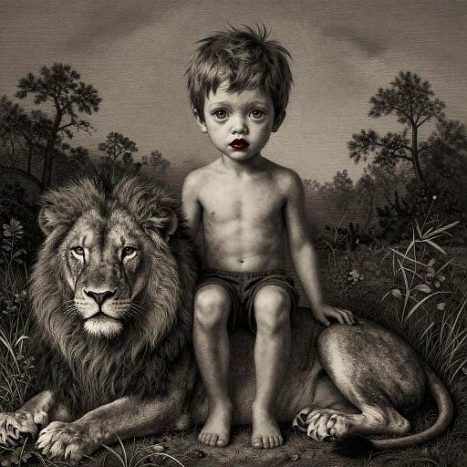 Dreamy Boy on Lion Etching Portrait