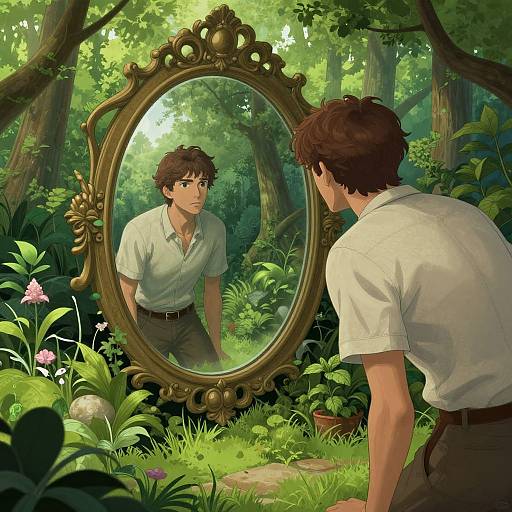 Digital illustration of a young man with curly brown hair, wearing a white shirt, standing in a lush forest, gazing into an ornate, oval