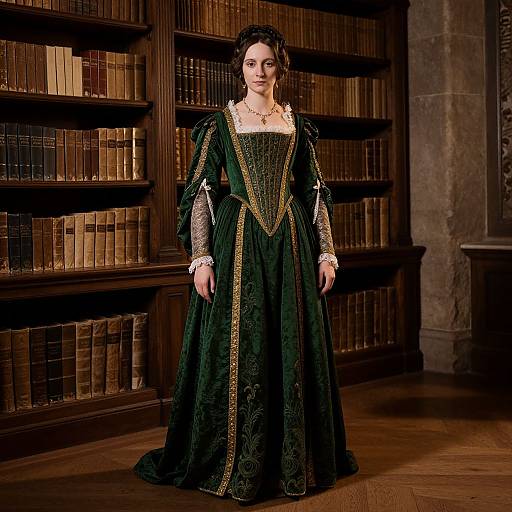 Photograph of a pale-skinned woman in an elaborate, dark green Renaissance-style gown with gold embroidery, standing in a dimly lit library with wooden