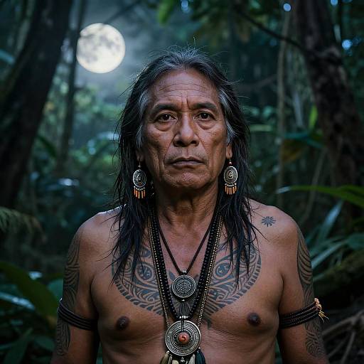 Photograph of a middle-aged, shirtless Indigenous man with long black hair, tattoos, and tribal jewelry, standing in a moonlit forest.