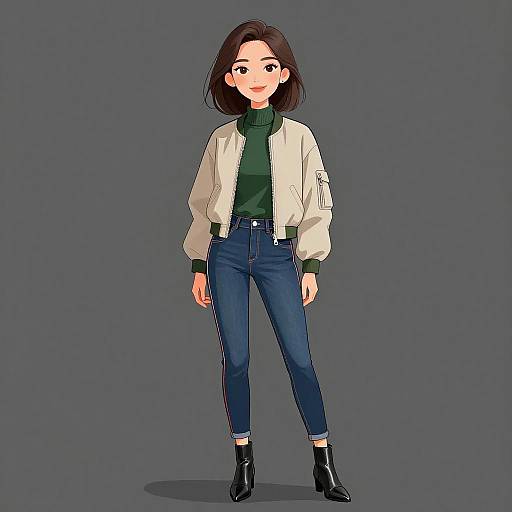 Digital anime-style illustration of a smiling young woman with shoulder-length brown hair, wearing a white jacket, green turtleneck, blue jeans, and black