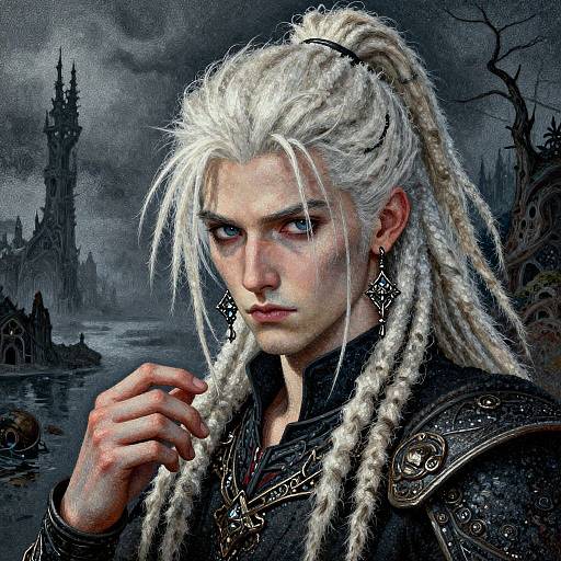 Digital fantasy artwork of a white-haired, pale-skinned, blue-eyed male warrior with dreadlocks, wearing dark armor, dramatic earrings, and intense gaze