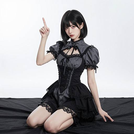 Asian Woman in Gothic Dress Pointing Upward