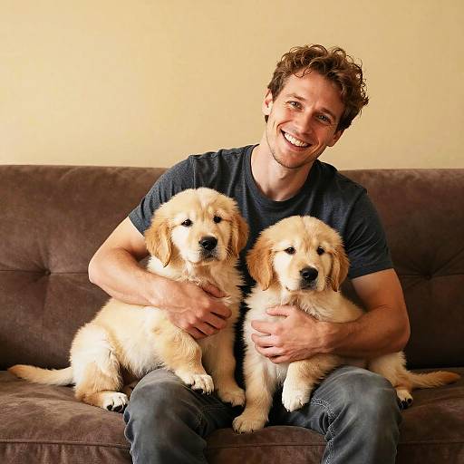 Photograph of a smiling, curly-haired man in a navy t-shirt holding two fluffy Golden Retriever puppies on a brown couch.