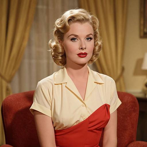 Photograph of a blonde, blue-eyed woman with vintage curls, wearing a cream and red blouse, seated in a red armchair, with golden curtains