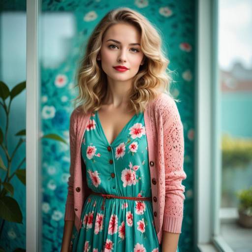 Elegant Woman in Floral Dress and Pink Cardigan
