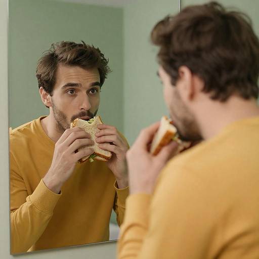 Contemplative Man Eating Sandwich Reflection