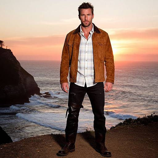 Photograph of a bearded man with spiked hair, wearing a brown jacket, white plaid shirt, and black jeans, standing on a coastal cliff