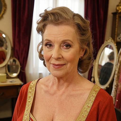 Photograph of an elderly white woman with short, wavy brown hair, wearing a red dress with gold trim, smiling warmly in a vintage-style room