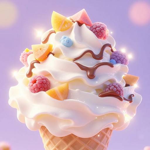 Photorealistic close-up of a colorful dessert sundae with whipped cream, pineapple, blueberry, raspberry, and chocolate drizzle in an ice cream