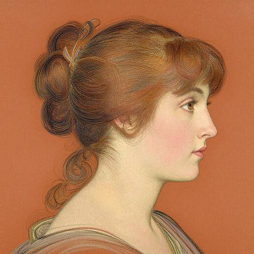 Digital painting of a fair-skinned woman with red hair in a bun, viewed in profile against a warm orange background.