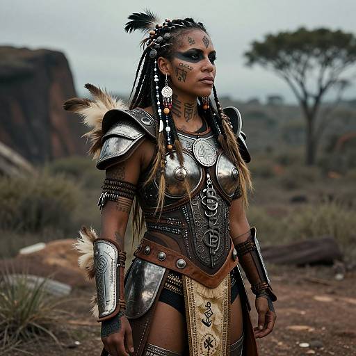 Photograph of a dark-skinned woman with braided hair, wearing intricate tribal armor with silver plates, fur accents, and facial paint, standing in