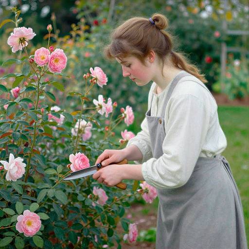 Photograph of a young woman with light brown hair in a ponytail, wearing a white blouse and gray apron, pruning pink roses in a lush