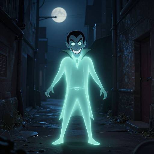 Digital illustration of a glowing, blue, ghostly figure with exaggerated features and a wide grin, standing in a dark, alleyway under a full moon
