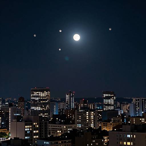 Photograph of a city skyline at night, illuminated by moonlight and multiple stars, with numerous brightly lit buildings below.