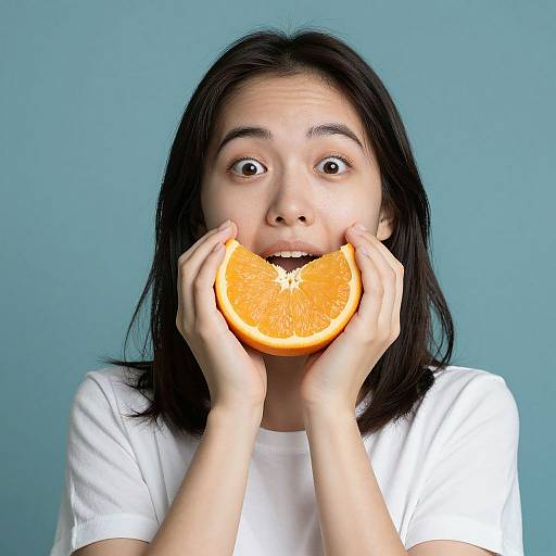 Asian woman with black hair, white shirt, surprised expression, holding half-orange in front of her mouth, against blue background. Photograph.