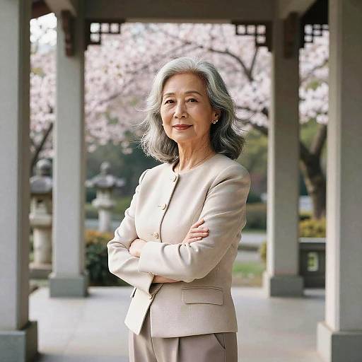 Photograph of an elderly Asian woman with silver hair, wearing a beige blazer and pants, standing with arms crossed in a sunlit, traditional Japanese