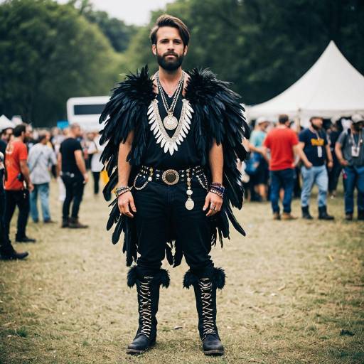 Man in Feathered Costume at Outdoor Festival
