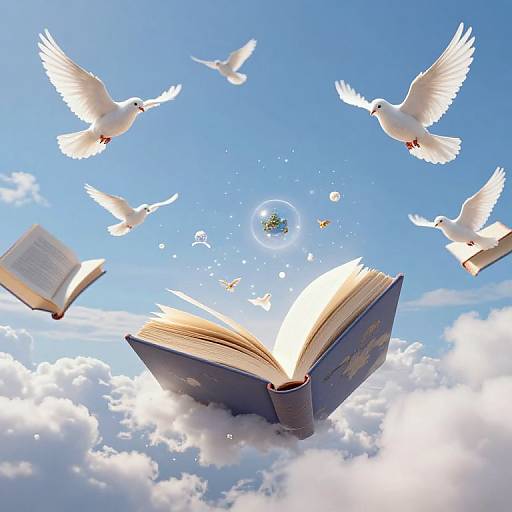 Photograph of an open blue book with white doves flying around, surrounded by floating pages and a small island in a bright blue sky with fluffy clouds