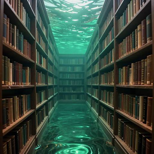 Photograph of a library aisle with tall wooden bookshelves filled with books, flooded by a glowing green, wavy liquid from above.