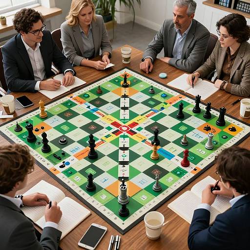 Photograph of five business professionals in suits, sitting around a wooden table, engaging in a strategic chess game during a meeting.