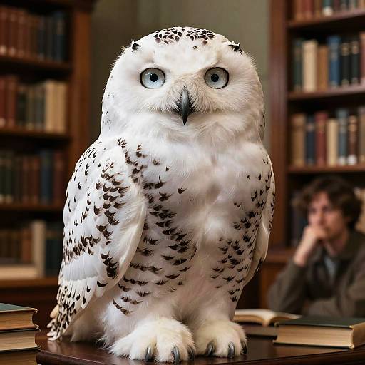 Majestic Snow Owl in Cozy Library