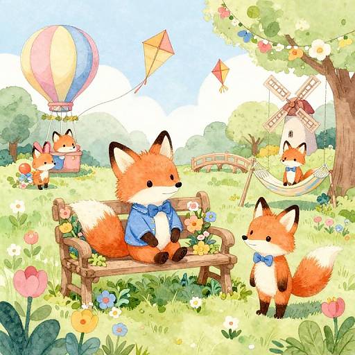 Whimsical digital illustration of three cute fox kits in a sunny meadow with a hot air balloon, windmill, hammock, and colorful flowers