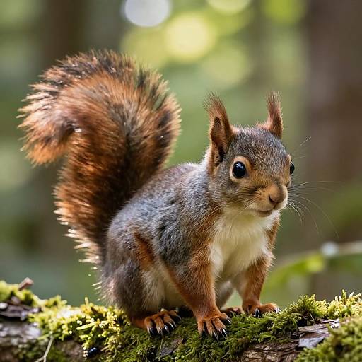 Photograph of a cute, fluffy gray squirrel with bushy tail, standing on moss-covered log in sunlit forest, looking curious.