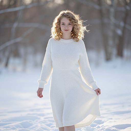 Photograph of a young woman with curly blonde hair, wearing a white, long-sleeved, textured dress, standing in a snowy forest with sunlight