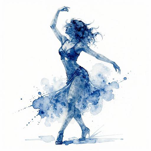 Blue watercolor silhouette of a dancing woman in a flowing dress, with one arm raised and the other extended. White background. Dynamic, fluid movement.
