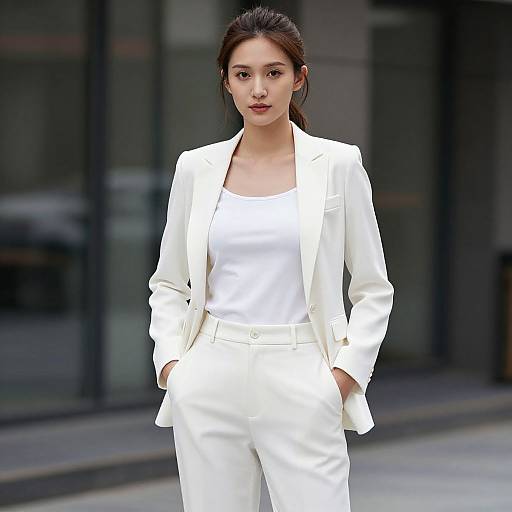 Photograph of a confident Asian woman with fair skin, black hair in a ponytail, wearing a white blazer and pants, standing with hands in