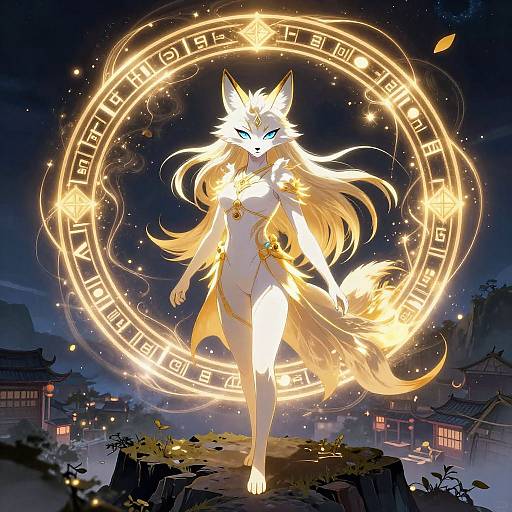 Digital art of a glowing white-furred, blue-eyed, fox-like female character with long hair, standing on a rock, surrounded by a magical,
