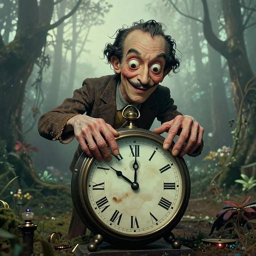 A quirky, elderly man with wild hair and a large mustache, dressed in a brown suit, excitedly holds an antique clock in a foggy