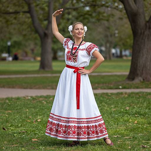 Photograph of a smiling woman in a white traditional Polish dress with red embroidery, wearing white flowers in her hair, standing on grass in a park.