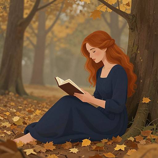 Digital illustration of a red-haired woman in a navy dress, sitting against a tree, reading a book amidst autumn leaves.