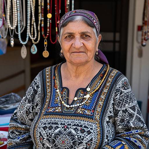 Photograph of an elderly Indian woman with a patterned headscarf, wearing an intricately embroidered, multicolored traditional blouse, standing in front