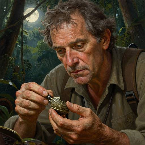 Photorealistic digital painting of a rugged, middle-aged man with curly gray hair, examining an ornate metal object in a moonlit forest. W