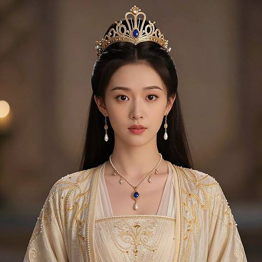 Photorealistic digital portrait of an East Asian princess with long black hair, wearing a gold tiara, ornate gold and cream gown, blue gem