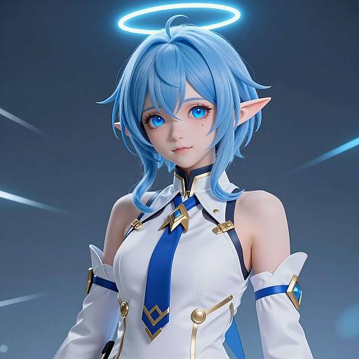 Anime-style female character with blue hair and glowing halo
