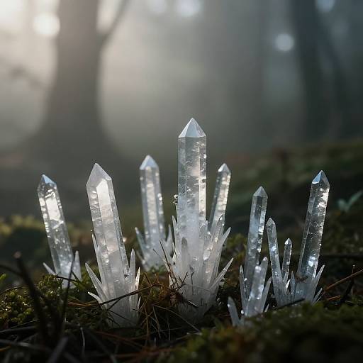 Photograph of shimmering, transparent crystal spikes emerging from moss-covered forest floor, backlit by soft, diffused sunlight in a misty forest.