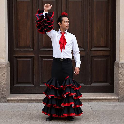 Photograph of a male flamenco dancer wearing a white shirt, red tie, black ruffled skirt with red frills, and black shoes, posing