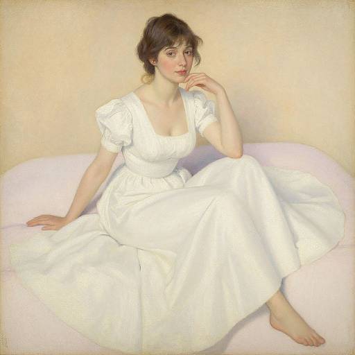 Digital painting of a fair-skinned woman with dark brown hair in a white, vintage-style dress, sitting on a pink couch, resting her chin on
