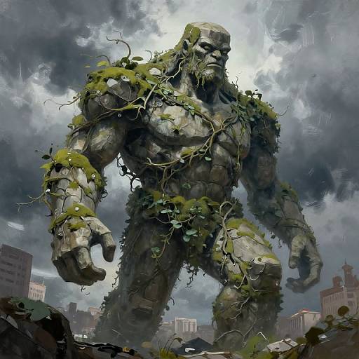 Digital painting of a towering, muscular, stone-like creature with vines and moss, emerging from a ruined cityscape under a stormy sky.