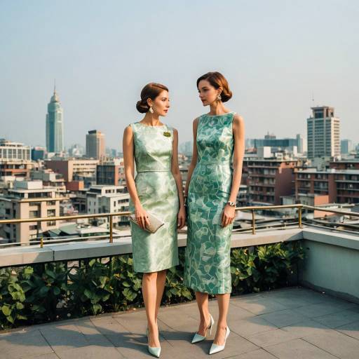 Elegant Women in Celadon Lotus Silk Dresses on Rooftop