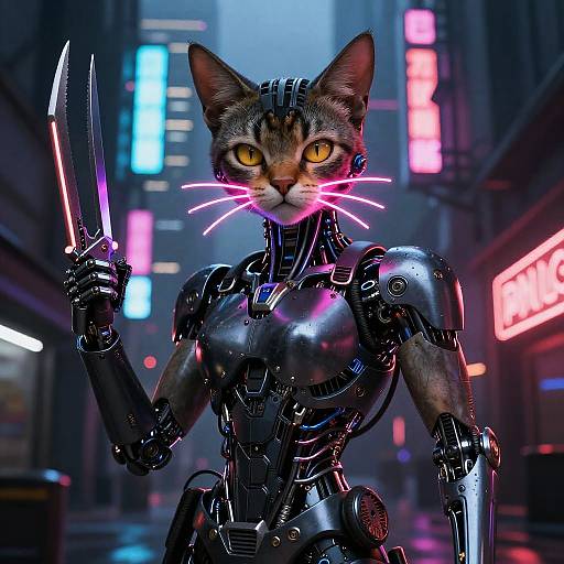 Cybernetic cat with yellow eyes and sharp claws, holding a blade in a neon-lit, futuristic city street at night. Photorealistic