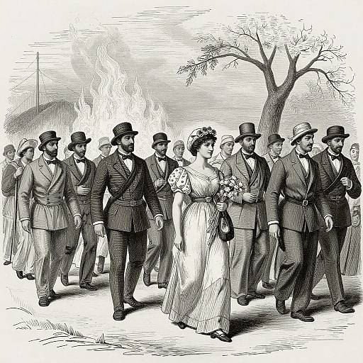 Black-and-white illustration of a Victorian-era wedding procession, featuring a bride in a long dress and top hat, surrounded by groomsmen in suits and
