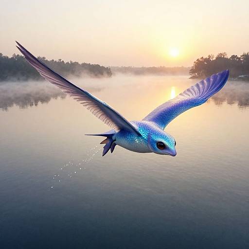 Digital artwork of a blue, iridescent bird in mid-flight over a misty lake at sunrise, with sunlight reflecting on the water.