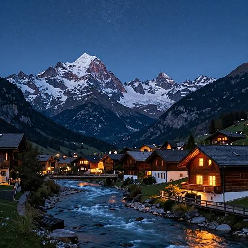 Photograph of a snowy mountain village at dusk, illuminated wooden houses by a flowing river, reflecting starry night sky.