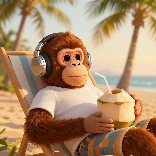 CGI image of a brown-furred monkey with large eyes, wearing headphones, white t-shirt, and blue-striped shorts, lounging on a beach